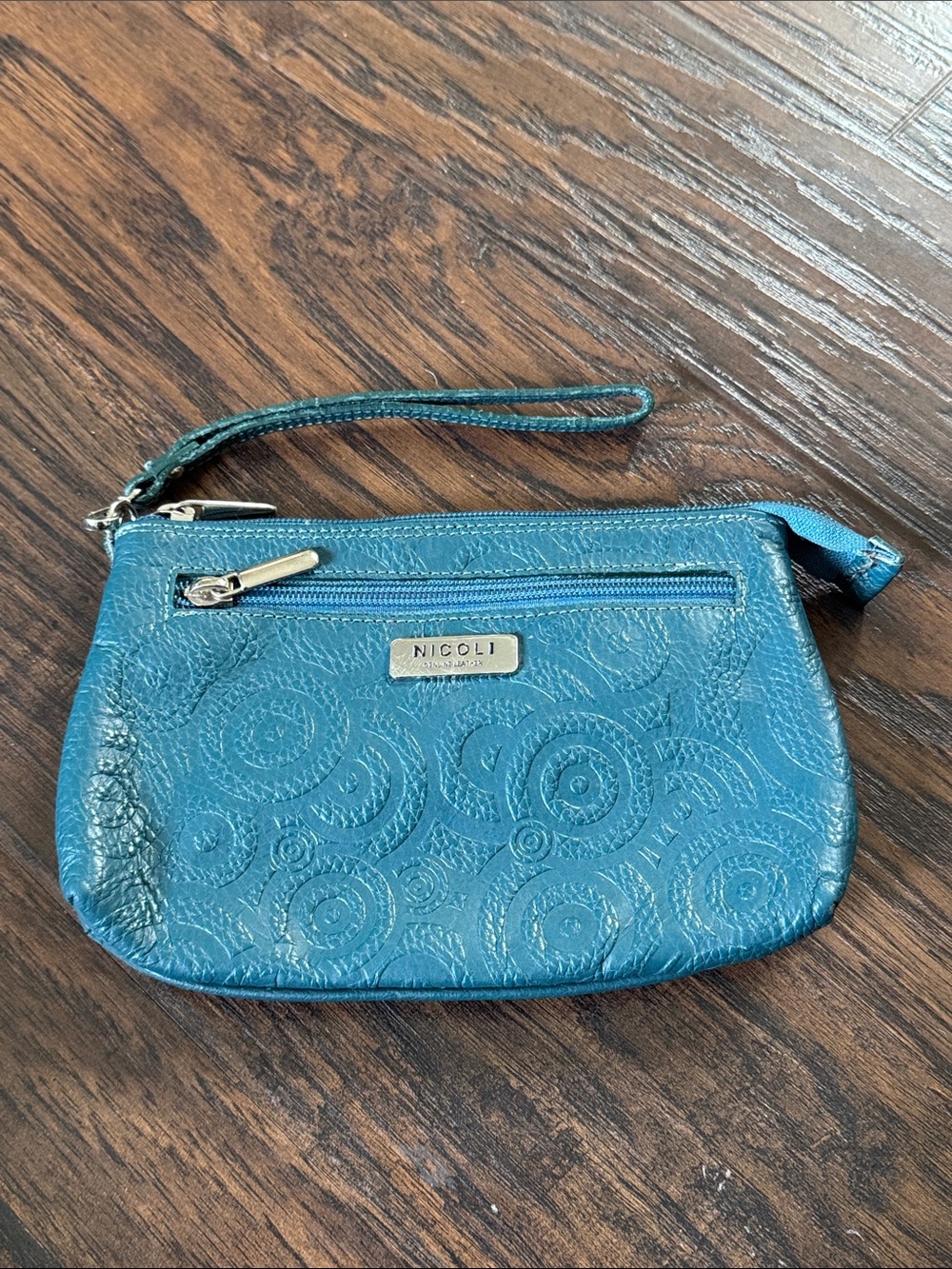 NICOLI Teal Blue Wristlet Clutch with Embossed Circles